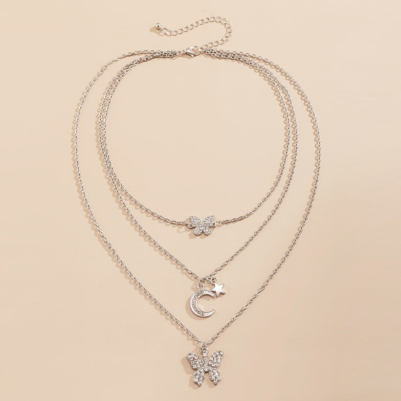 Moon and Butterfly Triple Layered Necklace Queen of Diamonds