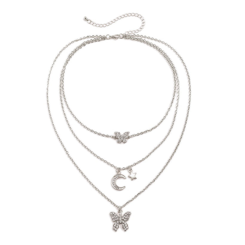 Moon and Butterfly Triple Layered Necklace Queen of Diamonds