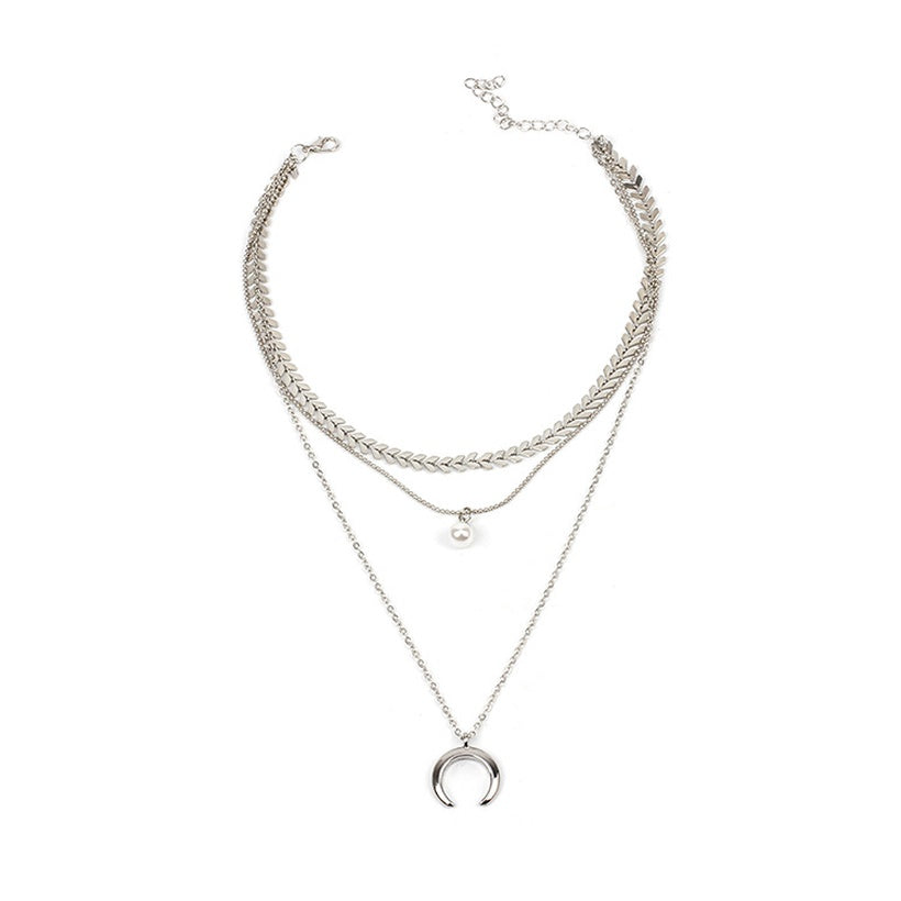 Moon Pearl and Leaf Layered Necklace Queen of Diamonds